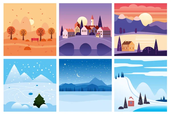 Calendar set landscape winter, autumn in flat minimal simple style - season banners poster cover template. Vector isolated