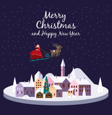 Mutlu Noeller, eski şehir evleri ve ağaçlarla dolu kış şehri sokağı. Noel Baba 'nın kızağı gece gökyüzünde uçuyor. İnsanlarla manzara Noel ağacı hediyelik eşya dükkanları. Vektör