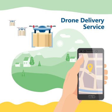 İHA servis inişi. Paket sevkiyat takip haritası için el bilgisayarı uygulaması. 24 7 uçuş dronu. Reklam tasarımı şablonu için vektör illüstrasyon lojistik posteri