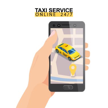 Taksi servisi izometrik. Şehir haritası güzergahı ve sarı konumu olan akıllı telefon. Taksi uygulaması ekrana geliyor. Çevrimiçi mobil uygulama taksi servisi. Taksi için vektör illüstrasyonu
