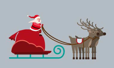 Geyikli bir kızakta Noel Baba ve bir çanta dolusu hediye. Vektör izole düz karton biçim çizim vektörü