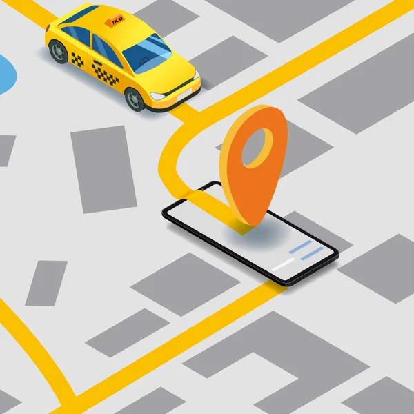 Taxidienst isometrisch. Smartphone-Bildschirm mit Stadtplan-Route und Zielort gelbes Auto. Online mobile Anwendung bestellen Taxi-Service. Vektor-Illustration für Taxiwerbung — Stockvektor