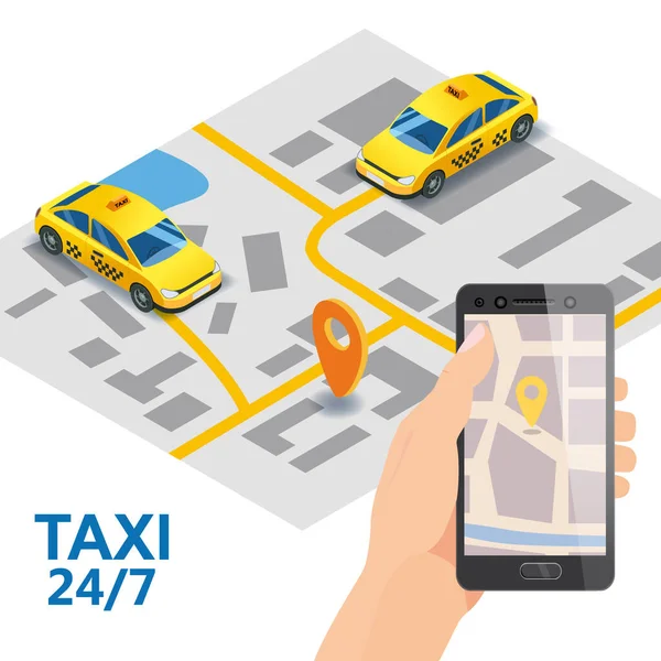 Taxidienst isometrisch. Handhaltendes Smartphone mit Stadtplan-Route und Standort des gelben Autos. Taxi-App auf dem Display. Online mobile Anwendung bestellen Taxi-Service. Vektorillustration für Taxi — Stockvektor