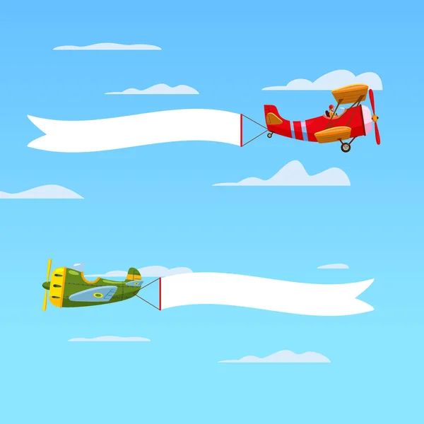 Rode retro vliegtuigen met reclamebanner lint in de bewolkte lucht. Vector geïsoleerde illustratie — Stockvector