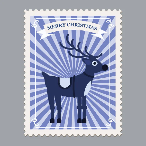 Veselé Vánoce retro poštovní známka s jelenem. Izolovaná vektorová ilustrace — Stockový vektor
