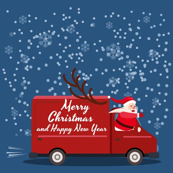 Merry Chrismas Santa Claus Van delivering gifts. Flat cartoon style vector illustration greeting card poster banner — Stock Vector