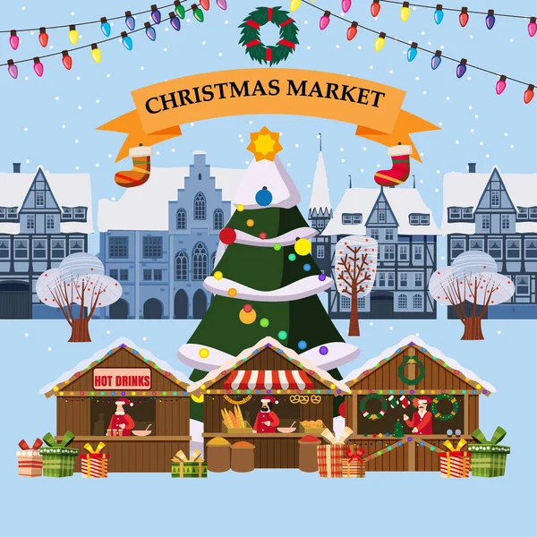 Noel köyü, kış kasabası, hediyelik eşya dükkanları, hediyelik eşyalar ve fırınlar. Noel ağacı süslemeleri olan büyük bir Noel ağacı mağazası. Noel ağacı hediye dükkanları ve pastane büfeleri — Stok Vektör