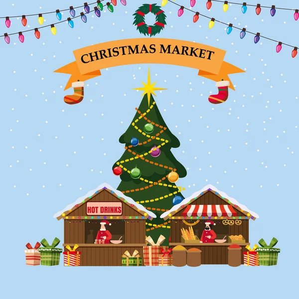 Vánoční suvenýry trh stánek pekárna s dekoracemi. Velký vánoční stromeček Vánoční obchod s girlandy dekorace. Vánoční dřevěné pekárny a teplé nápoje kiosek vektorové ilustrace izolované — Stockový vektor