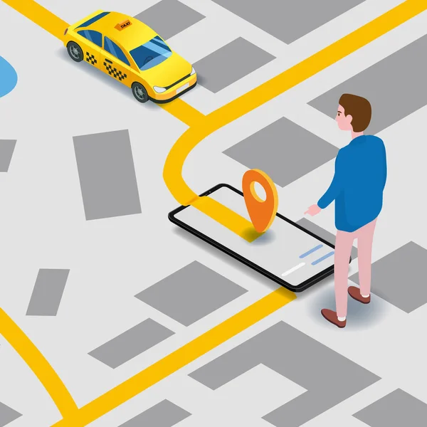 Taxi service isometrisch. Man in de buurt smartphone scherm met stadsplattegrond route en punten locatie gele auto. Online mobiele applicatie bestellen taxi service. Vector illustratie voor taxi service advertentie — Stockvector