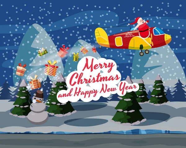 Santa Claus volando en avión retro entregando regalos en el cielo nocturno sobre el paisaje invernal. Ilustración vector aislado caricatura estilo cartel banner plantilla — Vector de stock