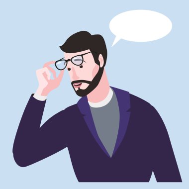 Sakallı duygusal adam gözlüklü ve takım elbiseli şaşırdı. Şaşırmış ifade kabarcık vektör illüstrasyonu izole çizgi film biçimi