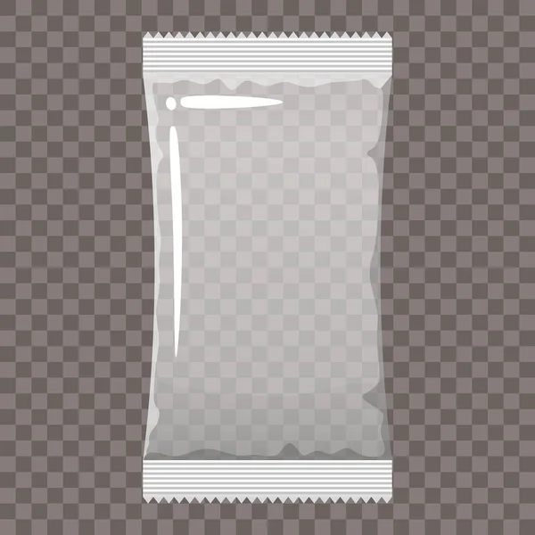 Sachet d'emballage en plastique, sac vide transparent contenant vide maquette pour le stockage des produits alimentaires. Modèle vecteur de style dessin animé isolé — Image vectorielle