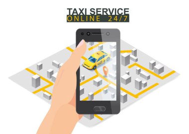 Araba paylaşımı izometrik. Şehir haritası güzergahı ve konumu sarı olan akıllı telefon ekranını tutun. Çevrimiçi mobil uygulama sipariş servisi. Araba paylaşım servisi için vektör illüstrasyonu