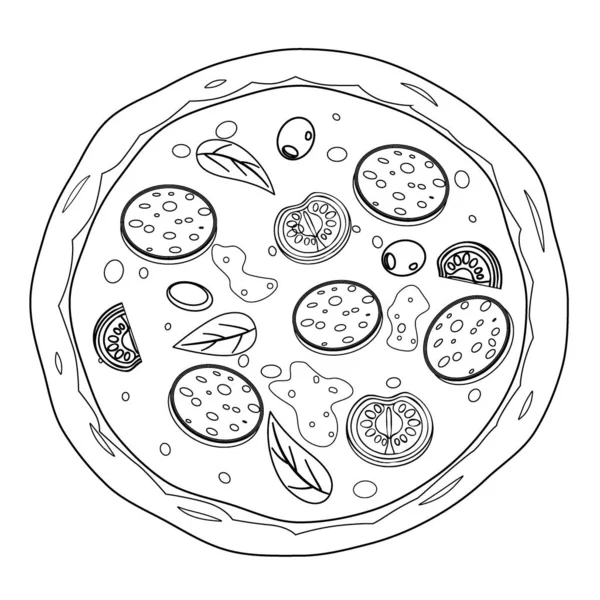 Pizza fresca con diversi ingredienti pomodoro, formaggio, oliva, salsiccia, basilico. Progettazione in stile scarabocchio modello lineart volantino baner con ingredienti. Manifesti di illustrazione vettoriale design, stampe, web — Vettoriale Stock