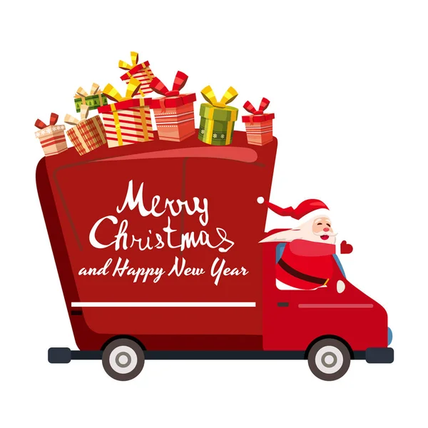 Santa Claus Merry Christmas drives a delivery van. Red delivery truck with gift boxes, side view cartoon style isolated — Stock Vector