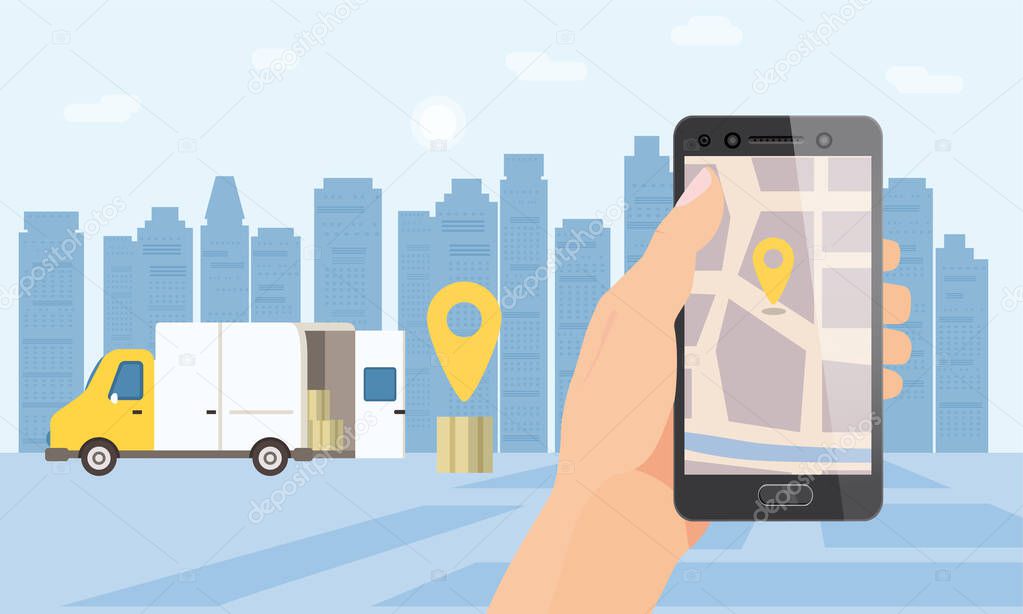 Delivery truck service. Hand hold smartphone application for parcel shipment tracking map. 24 7 delivery van. Vector illustration logistics poster for advertising design template