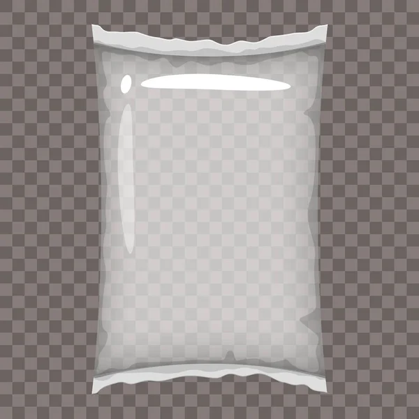 Sachet d'emballage en plastique, sac vide transparent contenant vide maquette pour le stockage des produits alimentaires. Modèle vecteur de style dessin animé isolé — Image vectorielle