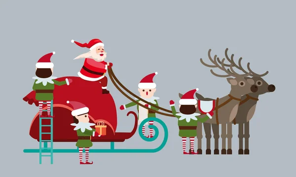Santa Claus on a sleigh with deers and a huge bag of gifts. Elves helpers collect gifts. Vector isolated flat carton style illustration vector — Stock Vector