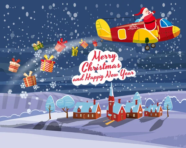Santa Claus volando en avión retro entregando regalos en el cielo nocturno sobre la ciudad. Ilustración vector aislado caricatura estilo cartel banner plantilla — Vector de stock