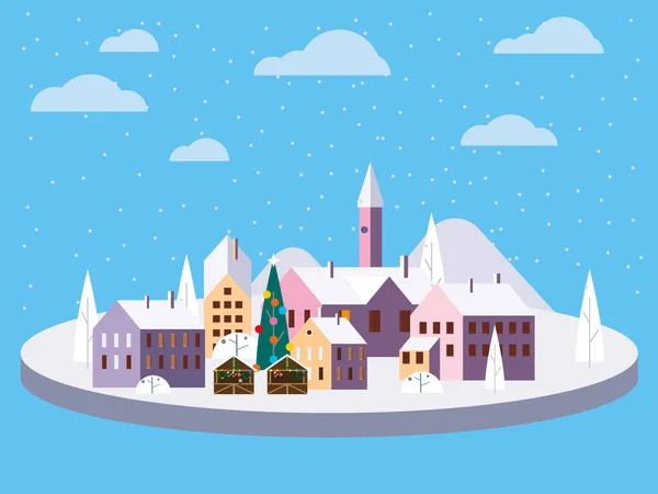 Městská zimní ulice se starými městskými domy a stromy. Krajina s vánočním stromem. Vektorové ilustrace izolované trendy plochý kreslený styl — Stockový vektor