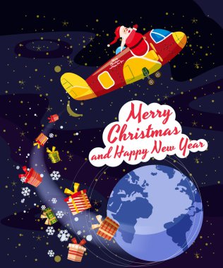 Santa Claus flying plane flies delivering gifts in space above the Earth. Illustration vector isolated cartoon style poster banner template