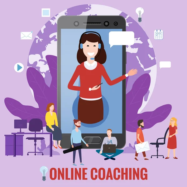 Online training coaching, onderwijs, workshops en cursussen. E-learning pagina studenten studeren, met smartphone, stapel boeken icoon set en mentor masterclass. Vectorillustratie geïsoleerd — Stockvector