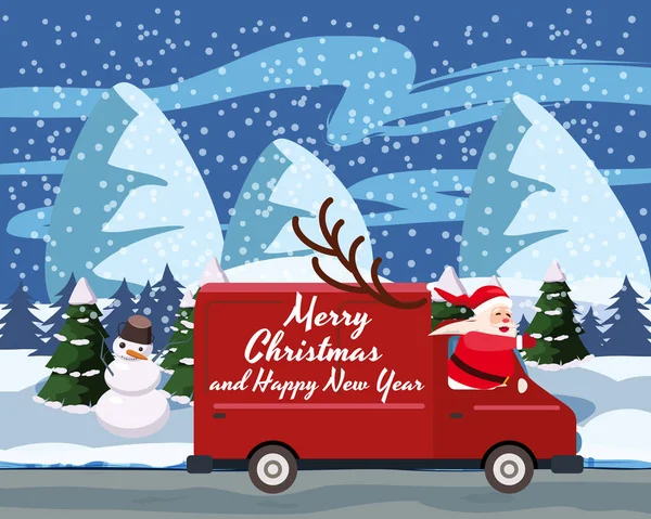 Merry Chrismas Santa Claus Van delivering gifts background winter landscape. Flat cartoon style vector illustration greeting card poster banner — Stock Vector