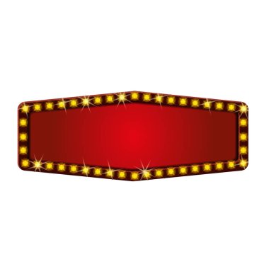 Parlayan lambalar şablonlu kırmızı retro çerçeve. Klasik reklam panosu, parlak tabela, hafif pankart. İzole edilmiş reklam, promosyonlar