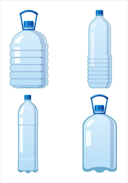 Set plastic water bottles icon empty liquid container drink with screw cap for beverage drinking mineral water. Mockup template, vector cartoon style illustration isolated on white background — Stock Vector