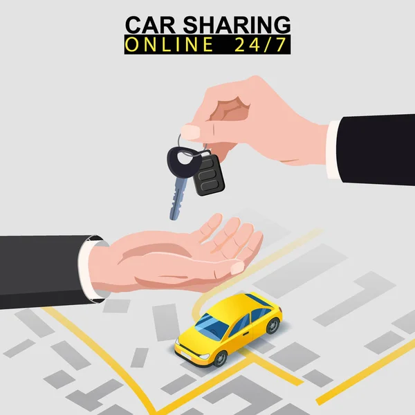 Carsharing ist isometrisch. Hand übergibt Autoschlüssel an eine andere Hand mit Stadtplan Route und Punkte Standort gelben Auto. Online-Bestellservice für mobile Anwendungen. Vektor-Illustration für Carsharing-Service — Stockvektor