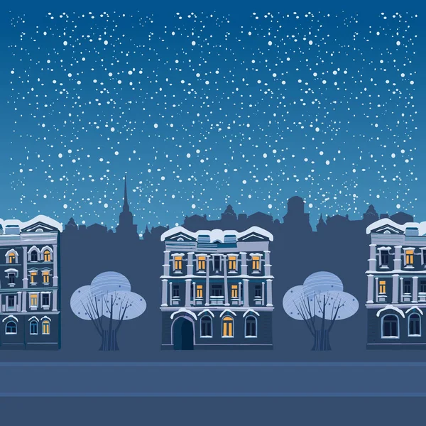 Urban winter city night street with old town houses and trees cityscape. Vector illustration isolated trendy flat cartoon style — Stock Vector