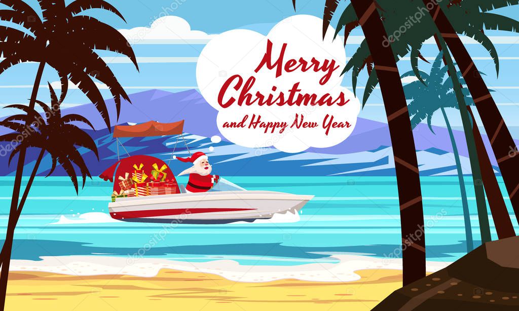 Merry Christmas Santa Claus on speed boat on ocean sea tropical island palms mountains seaside. Vector illustration isolated cartoon style