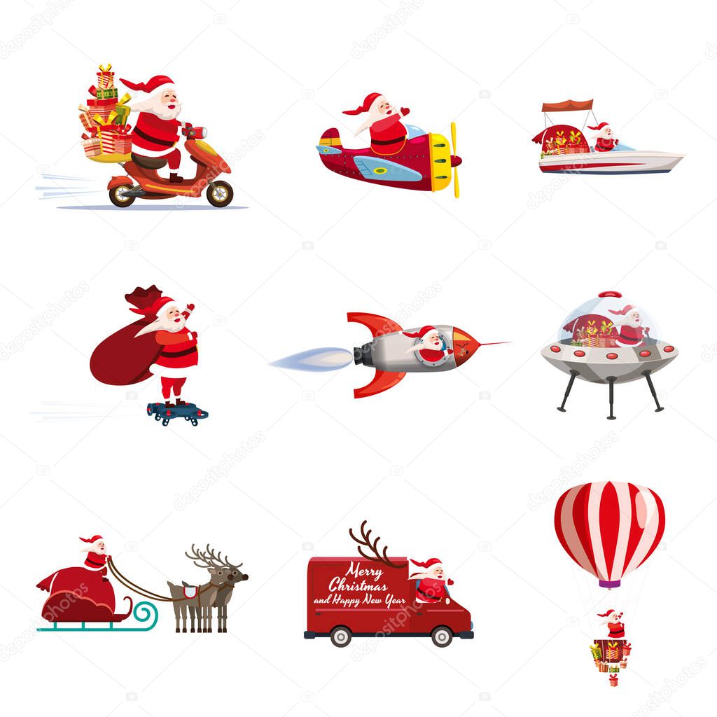 Set of Santa Claus of different types of transport vehicles truck, moped, boat, plane, rocket, drone, UFO, sled, balloon. Vector, illustration, isolated cartoon style