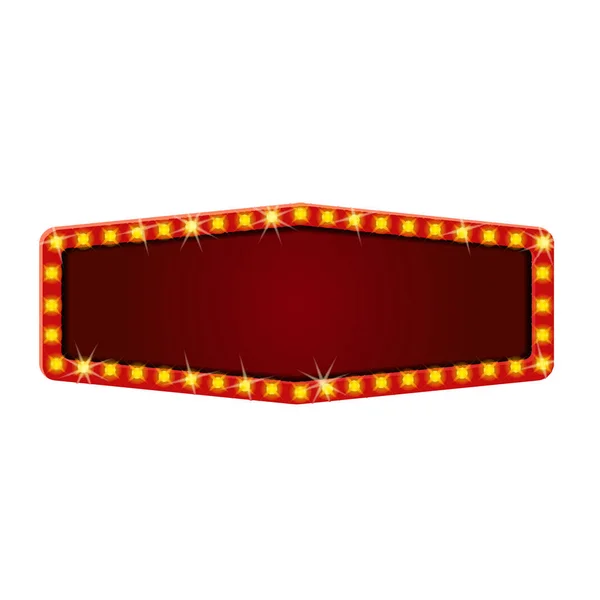 Quadro retro vermelho com modelo de lâmpadas brilhantes. Anúncio vintage, sinalização brilhante, banner de luz. Publicidade Vector isolado, promoções —  Vetores de Stock