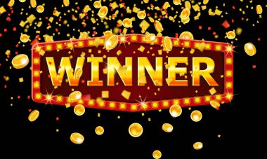 Kazanan çerçeve etiketli parlak afiş, parlak lambalar ve altın sikkeler konfeti kurdeleleri. Piyango pokeri, kartlar, rulet oyunu ikramiyesi retro vintage. Vektör illüstrasyonu izole edildi.