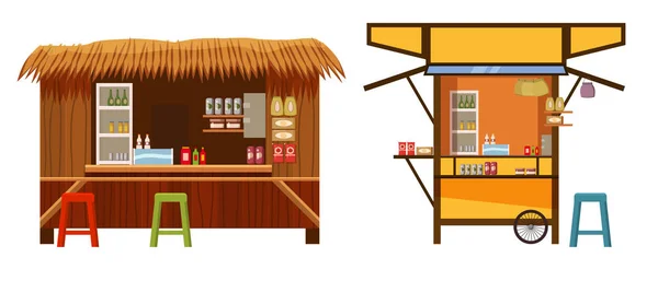 Set Warung street food café restaurante pequeños negocios de propiedad familiar, tienda. Vector aislado estilo de dibujos animados — Archivo Imágenes Vectoriales