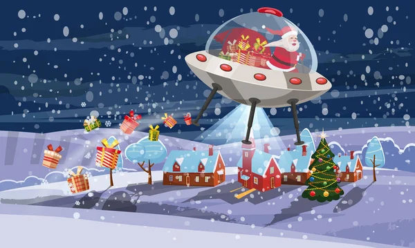 Feliz Natal Papai Noel voando em nave espacial UFO disco voador com caixas de presente na pequena noite de inverno da cidade. Ilustração vetorial estilo cartoon isolado —  Vetores de Stock