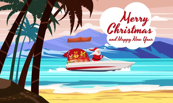 Merry Christmas Santa Claus on speed boat on ocean sea tropical island palms mountains seaside. Vector illustration isolated cartoon style — Stock Vector