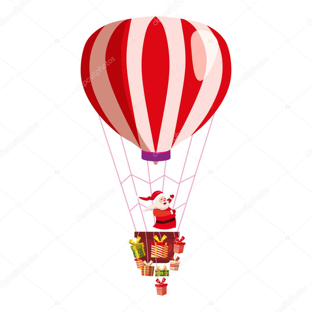 Santa Claus flying on hot air balloon Merry Christmas and Happy New Year. Gift boxes in basket of air balloon flying. Vector illustration isolated cartoon style