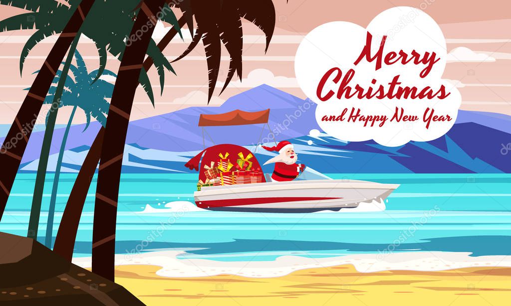Merry Christmas Santa Claus on speed boat on ocean sea tropical island palms mountains seaside. Vector illustration isolated cartoon style