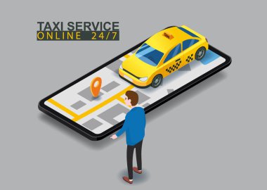 Taksi servisi izometrik. Şehir haritası güzergahı olan akıllı telefon ekranının yanındaki adam sarı arabayı işaret ediyor. Çevrimiçi mobil uygulama taksi servisi. Taksi servisi reklamı için vektör illüstrasyonu