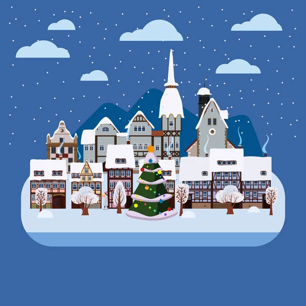 Christmas urban night winter city street with old town houses and trees. Landscape with Christmas tree. Vector illustration isolated flat cartoon style — Stock Vector