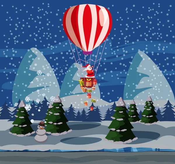 Papai Noel voando em balão de ar quente na noite de floresta de neve de inverno Earh. Feliz Natal e Feliz Ano Novo. Caixas de presente em cesta de balão de ar voando. Ilustração vetorial estilo cartoon isolado — Vetor de Stock