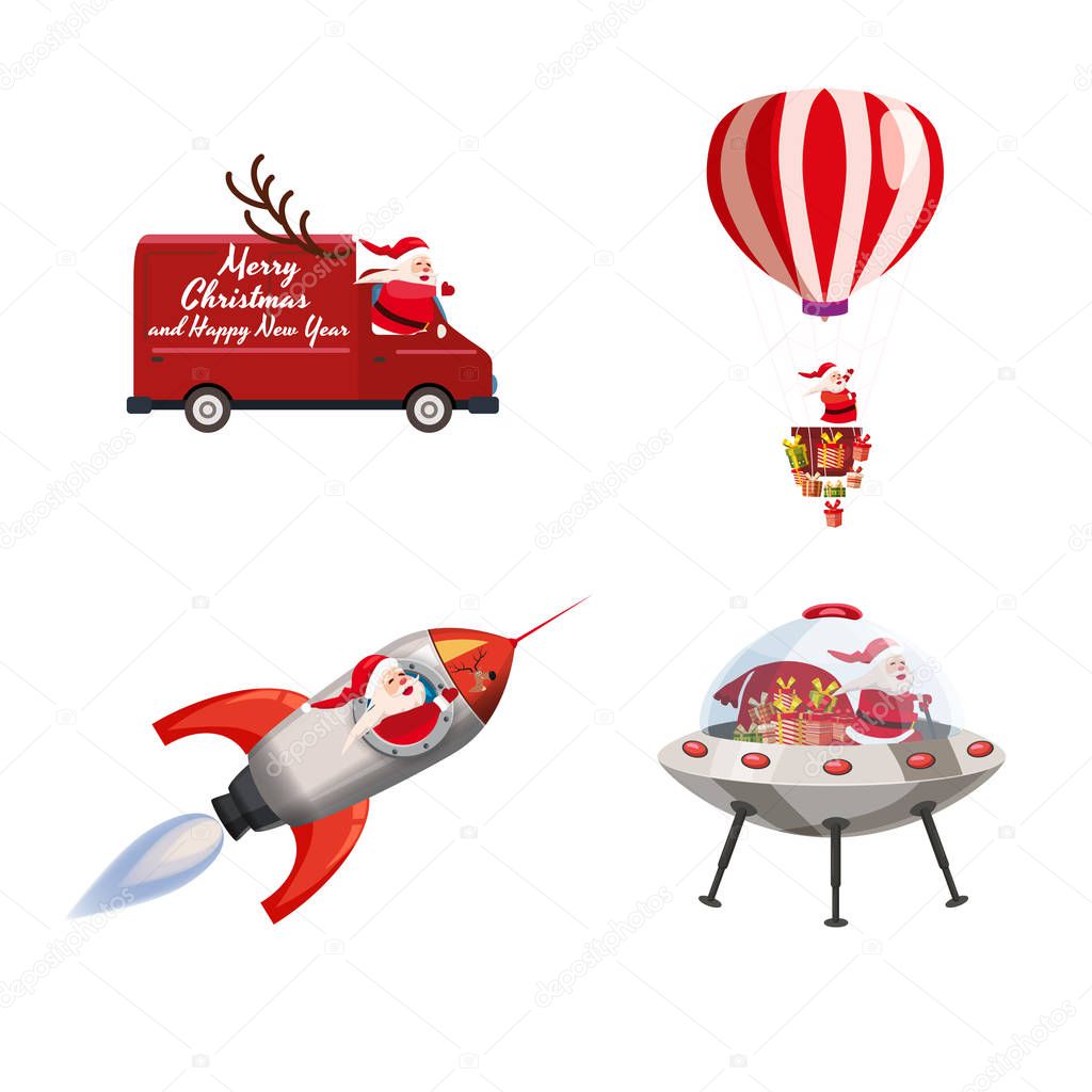 Set of Santa Claus of different types of transport vehicles truck, rocket, balloon, UFO. Vector, illustration, isolated cartoon style