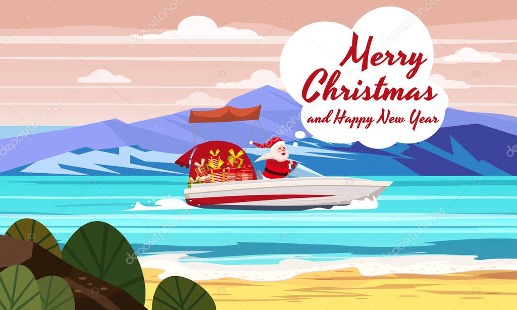 Merry Christmas Santa Claus on speed boat on ocean sea tropical island mountains seaside. Vector illustration isolated cartoon style