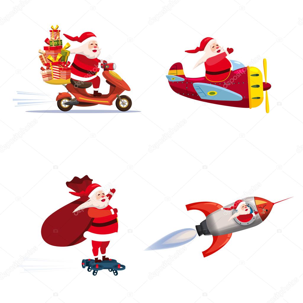 Set of Santa Claus of different types of transport vehicles, moped, plane, rocket, drone. Vector, illustration, isolated cartoon style