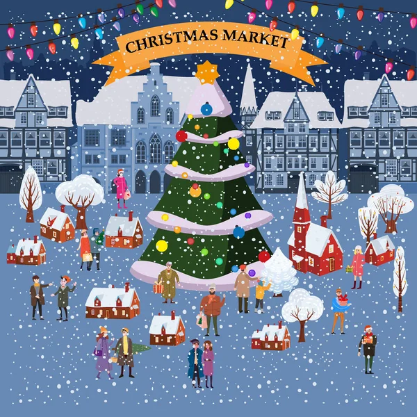 Christmas market or holiday winter outdoor fair on oldtown square big New Year tree cityscape. Big set of people walking, buying gifts, drinking coffee, decorated souvenir stalls or kiosks with gifts