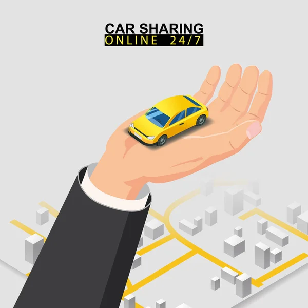 Κοινή χρήση αυτοκινήτων ισομετρική. Χέρι κρατήσει κίτρινο αυτοκίνητο με διαδρομή χάρτη της πόλης. Online υπηρεσία εντολών εφαρμογής για κινητά. Εικονογράφηση διάνυσμα για την υπηρεσία κοινής χρήσης αυτοκινήτων διαφήμιση, προώθηση — Διανυσματικό Αρχείο