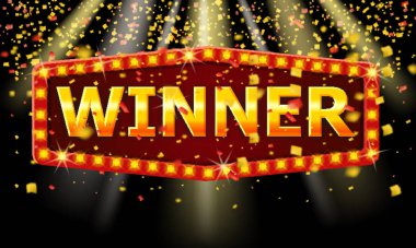 Kazanan çerçeveli parlak afiş, parlak lambalar ve altın konfeti kurdeleleri. Piyango pokeri, kartlar, rulet oyunu ikramiyesi retro vintage. Vektör illüstrasyonu izole edildi.