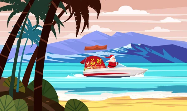 Feliz Natal Papai Noel em lancha no oceano mar tropical ilha palmas montanhas litoral. Ilustração vetorial estilo cartoon isolado — Vetor de Stock